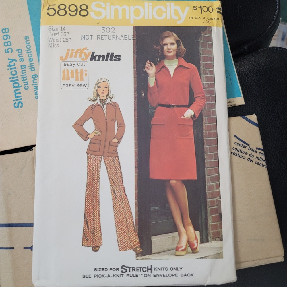 Vintage Simplicity 5898 Jiffy Knits Pattern Dress Top Pants Size 14 Uncut